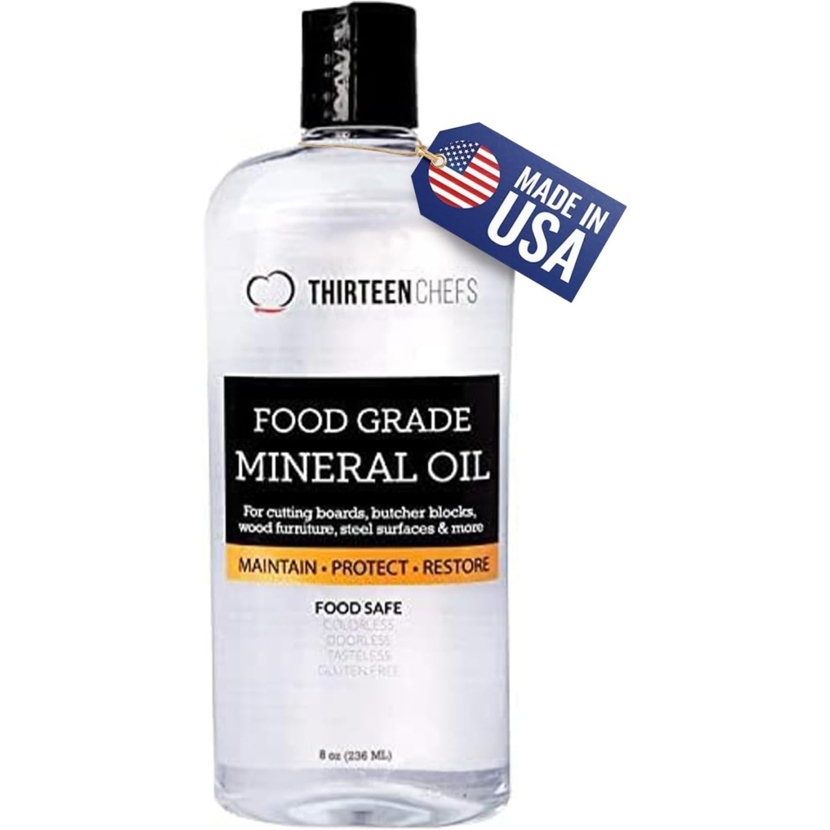 Thirteen Chefs Food Grade Mineral Oil for Cutting Boards, 12oz - For Wood Cutting Boards, Butcher Blocks & Kitchen Utensils
